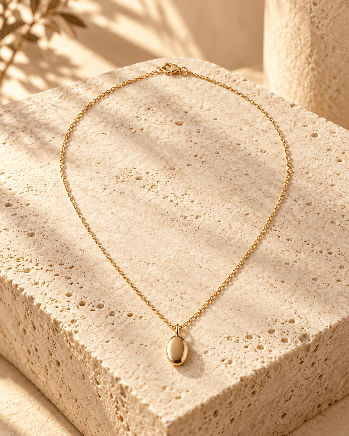The gold pendant necklace arranged on a travertine stone block, with soft sunlight and leaf shadows